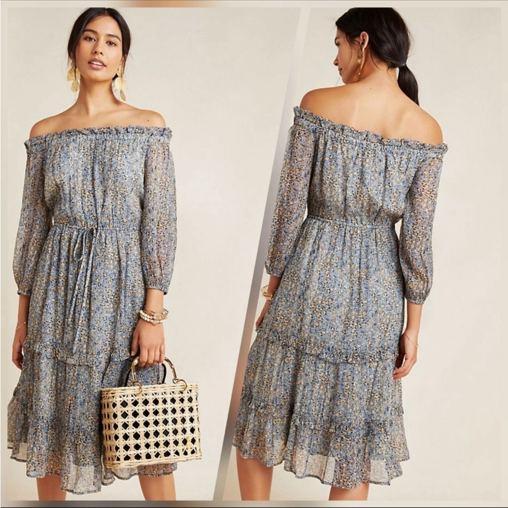 Anthropologie Blue Floral Midi Dress